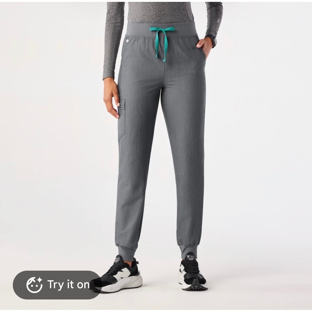 FIGS Technical Collection Zamora Jogger Scrub Pants Gray Teal Drawstring Medium